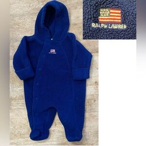 Vintage Ralph Lauren Infant OS‎ Navy Fleece One Piece Footed/Hooded Coverall